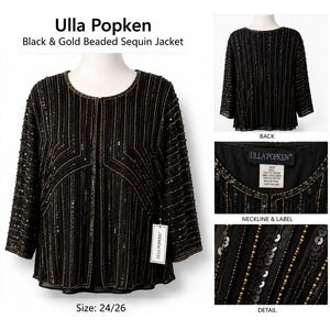 Ulla Popken Black Gold Beaded Sequin Evening Top Plus Size 24/26 Relaxed Fit